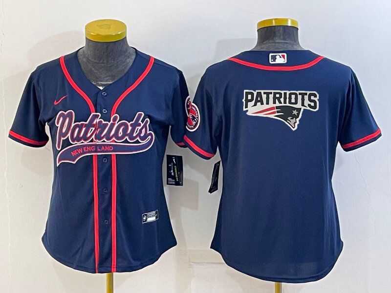 Women%27s New England Patriots #10 Mac Jones Navy Blue Team Big Logo With Patch Cool Base Stitched Baseball Jersey
